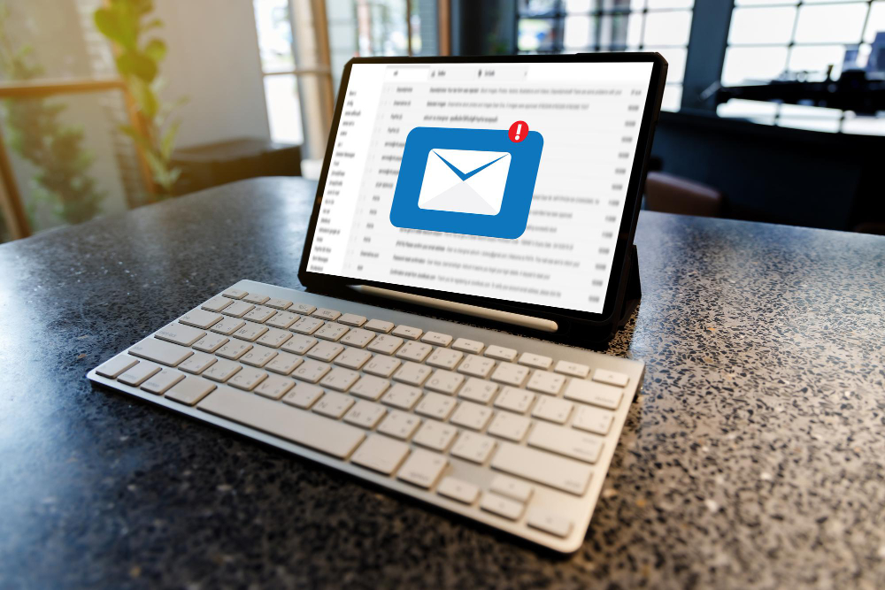 a tablet with keyboard and email inbox on screen