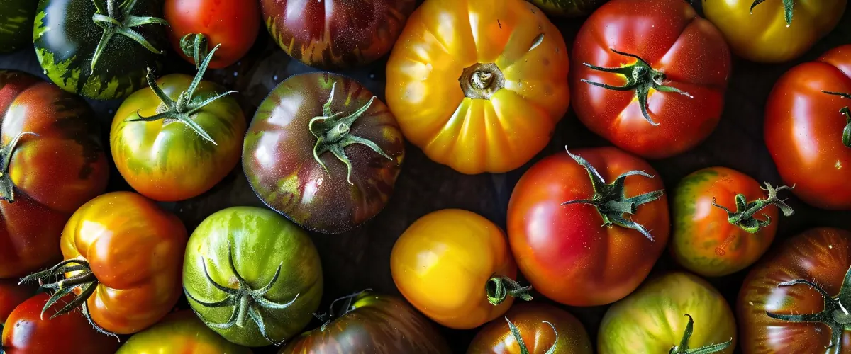 A table of heirloom tomatoes in red, yellow, green, and purple