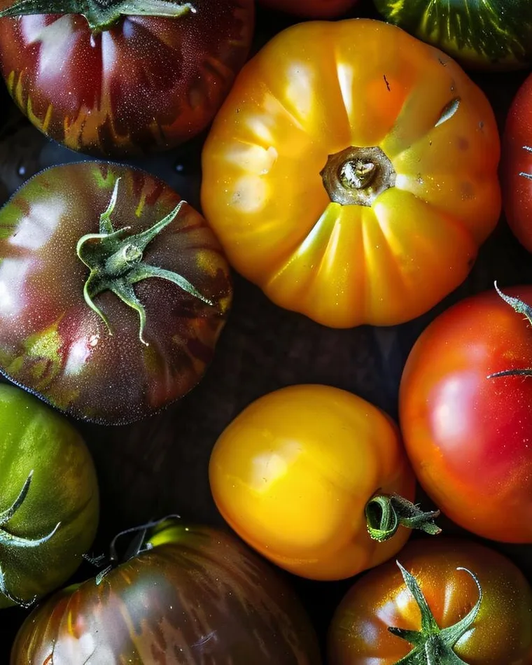 A table of heirloom tomatoes in red, yellow, green, and purple