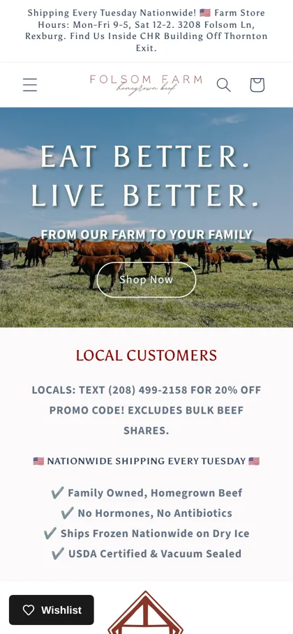 Folsom Farm Beef homepage on a phone
